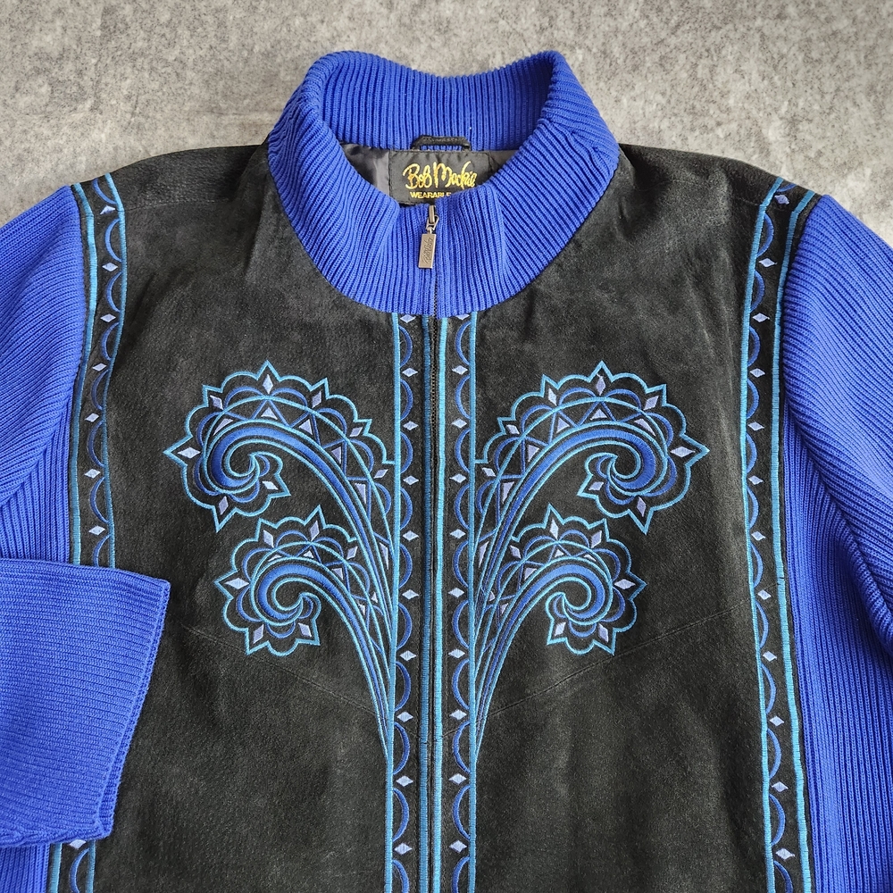 Bob Mackie Wearable Art 100% Leather Western Jacket Women's 3X Black Blue NWT